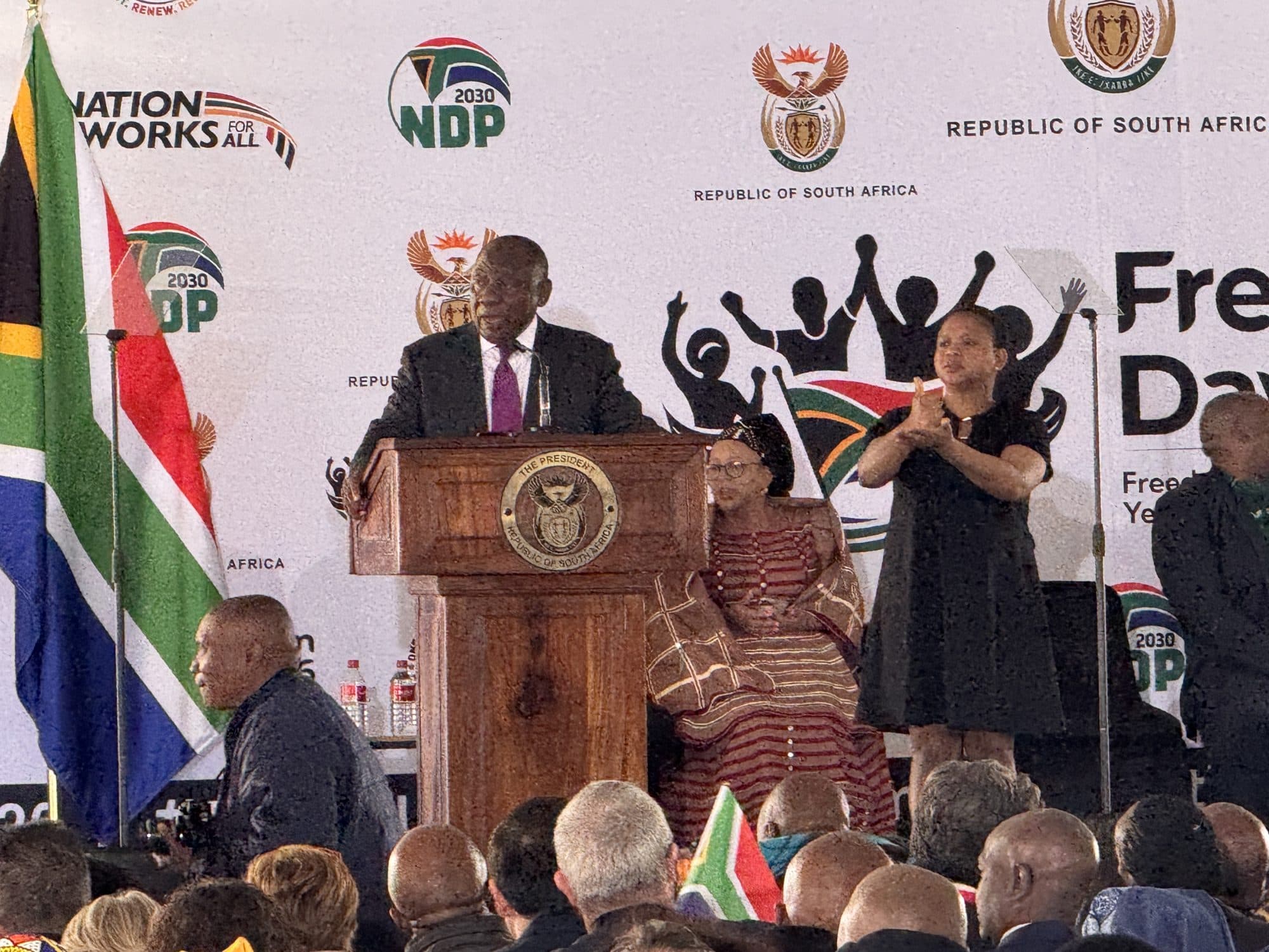 Freedom Day 2026 national commemoration stage with South African flags